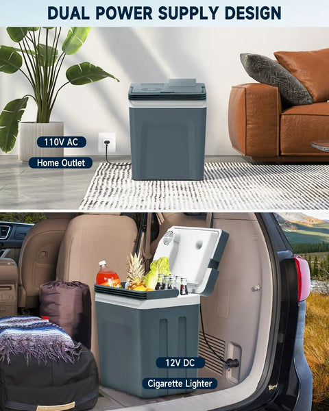 Portable 27 Quart Electric Cooler And Warmer For Car Or Home With Handle 12V/24V DC And 100-240V AC shown in home and car contexts.