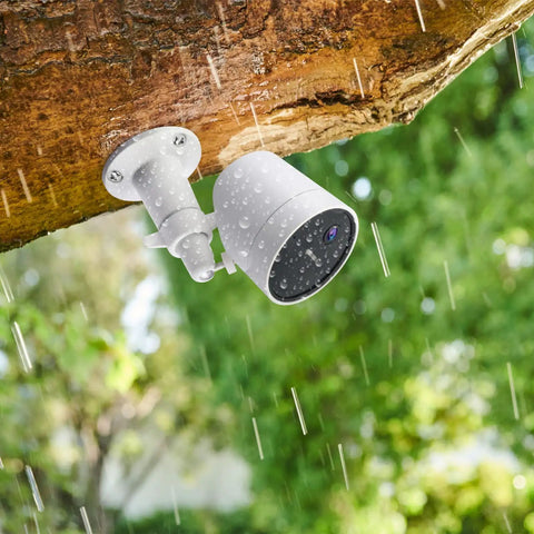 Installed Two Pack Wall Mount Bracket For SimpliSafe Outdoor Security Camera 360 Degree Rotating Holder Under a Rainy Tree