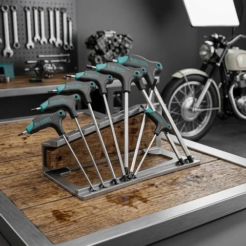 Check Out This Sick T-Type Hex Key Set With 7 Pieces featuring rugged Black Oxide finish for insane leverage on tough bolts, perfect auto repair or DIY furniture tweaks that actually grip tight spots without slipping a single bit. 7-piece T-handle hex key set with black oxide finish on stand.