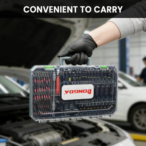 Person holding 86-Piece Magnetic Impact Nut Driver Set with Deep Sockets and S2 Bits, Chrome Vanadium Steel, by car engine