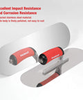 Pro Grade Stainless Steel Pool Trowel Set With Soft Grip Handles And Finishing Trowels In 16 Inch By 4 Inch And 14 Inch By 4 Inch Sizes Lightweight Alloy Mounting Round End Rust Resistant, showing stainless steel blade with red handle