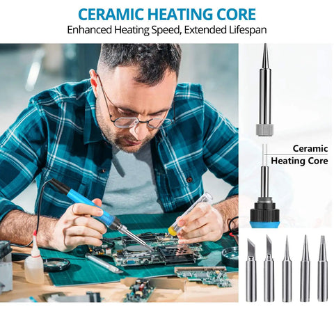 Man using Smart 65W Soldering Station With PID Temperature Control And Quick Heat Recovery 392F To 896F Range with tips.