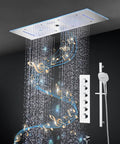 Next Level Bath Vibes 12 By 36 Inch Music Led Shower Panel With Antique Brass Finish showcasing rainfall and waterfall modes.
