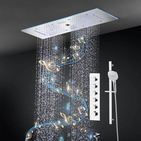 Next Level Bath Vibes 12 By 36 Inch Music Led Shower Panel With Antique Brass Finish showcasing rainfall and waterfall modes.