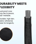 Haeteir 50ft fabric garden hose; front view with black woven cover and gray connector, fabric texture close-up.