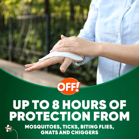 Person using Deep Woods Mosquito And Insect Repellent Wipes With 25 Percent DEET For Up To Eight Hours Of Protection outdoors