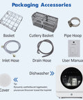 No Sweat Countertop Portable Dishwasher Featuring Faucet Hookup And Self Prime Pump Six Auto Cycles Tight Footprint packaging accessories