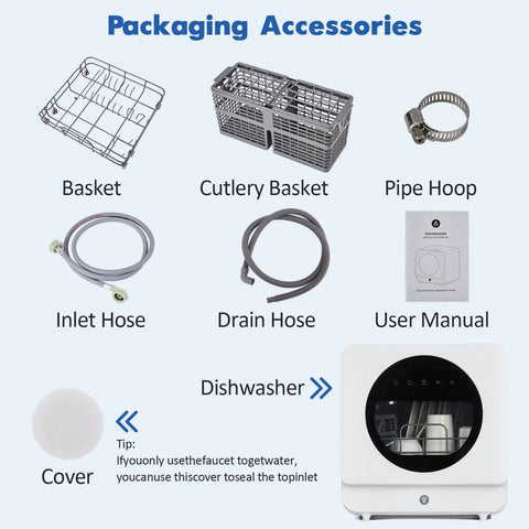 No Sweat Countertop Portable Dishwasher Featuring Faucet Hookup And Self Prime Pump Six Auto Cycles Tight Footprint packaging accessories