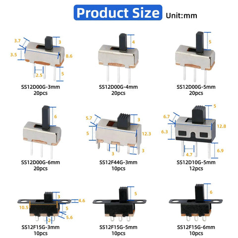 Assorted switches from 132 Piece Slide Switch Kit Micro Mini Toggle Switches SPDT 1P2T 2 Position 3 Pin for DIY projects.