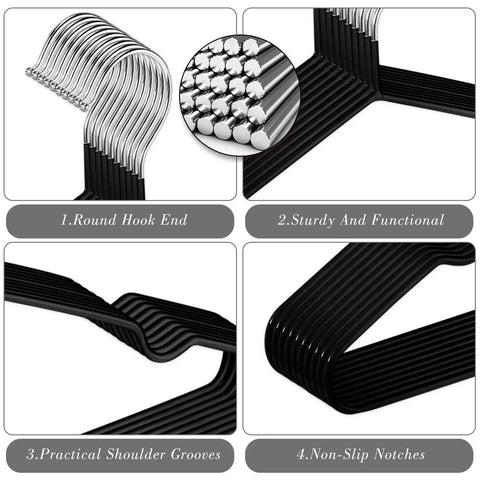 Close-up of 100 Pack Non Slip Metal Hangers For Clothes Dope Space Saving Triangle Design 15.7 Inch Heavy Duty Coat Suit Bridal Dress Hangers For Closet Dorm Black, showing round hook ends, sturdy construction, shoulder grooves, and non-slip notches.
