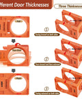 Pro Grade Door Lock Installation Kit With Adjustable Guide Template And Heavy Duty Hole Saws displaying different door thickness adjustments.