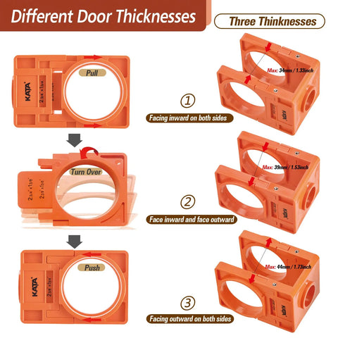 Pro Grade Door Lock Installation Kit With Adjustable Guide Template And Heavy Duty Hole Saws displaying different door thickness adjustments.