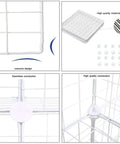 Close-up of 9-Cube Wire Storage Organizer System details including grid panels, connectors, and concave design in white finish.