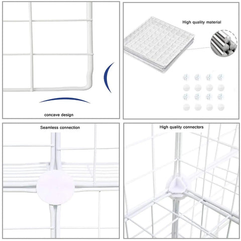 Close-up of 9-Cube Wire Storage Organizer System details including grid panels, connectors, and concave design in white finish.
