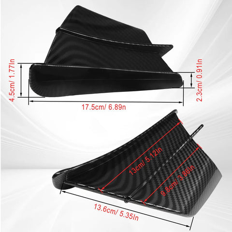 Carbon Fiber Black Motorcycle Winglets, Glossy Self-Adhesive Fairing Wings, side view dimensions, aerodynamic spoiler deflectors