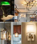 Collage of T10 LED Bulbs 5W Equal 60W, 3000K Soft White Vintage Edison Bulbs in various fixtures like lamps, sconces, and ceiling fans.