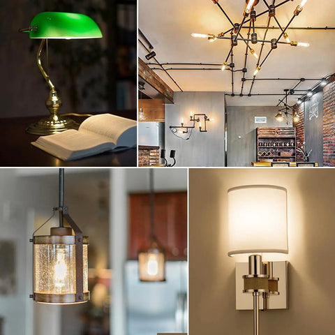 Collage of T10 LED Bulbs 5W Equal 60W, 3000K Soft White Vintage Edison Bulbs in various fixtures like lamps, sconces, and ceiling fans.