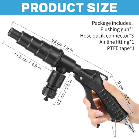 Lever Action Coolant Flush Gun And Heater Core Bleeder Kit With Hose Adapter Set For Automotive Radiator Flushing showing product dimensions.