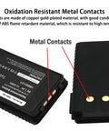 Close-up of Four Pack Two Way Radio Replacement Battery 1800mAh High Capacity Battery Pack with metal contacts for FT-70D models.
