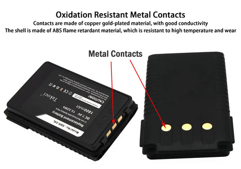 Close-up of Four Pack Two Way Radio Replacement Battery 1800mAh High Capacity Battery Pack with metal contacts for FT-70D models.