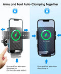 Wireless Car Charger Mount With Auto Clamping Air Vent Phone Holder showing auto-clamping feature with fast charging display