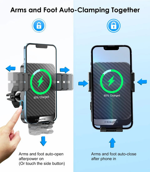 Wireless Car Charger Mount With Auto Clamping Air Vent Phone Holder showing auto-clamping feature with fast charging display