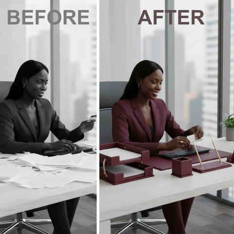 Before and after using Premium Leather Desk Organizer Set Boss Level With Desk Pad And Blotter, 15 Piece Office Accessories Kit. Burgundy.