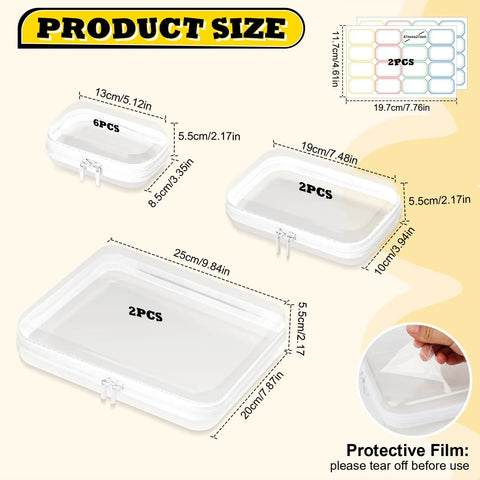10 Pack Clear Hard Shell Zipper Cases For Organization And Storage shown in different sizes with protective film label.