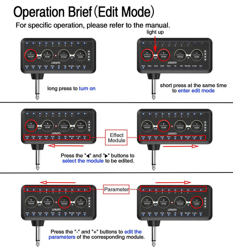 Operation brief for Compact Guitar Headphone Amp With Multi Effects, IR Loader, Tuner, and Rechargeable Battery in edit mode.