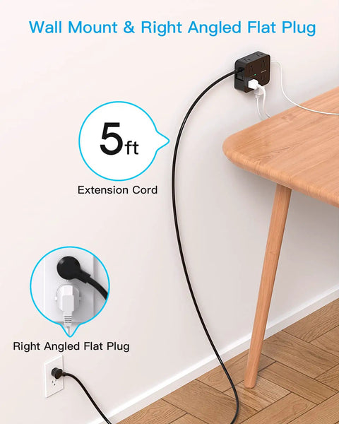 8 Outlet Power Strip With 4 USB Ports 5 Ft Flat Plug Wall Mount ETI Listed Black under desk setup