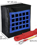 Pet Fire Escape Bag For Dogs And Cats Up To 55 Pounds With 50 Foot Rescue Rope Emergency Survival Kit, black with blue trim.