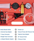 All In One Brake Vacuum Pump Kit With Hand Bleeder And 30 InHg Gauge For Easy Brake Fluid Bleeding And System Testing Pro Grade Vacuum Bleeder Tool Set That Delivers Quick Precise Results For Home Auto Maintenance, red case with hoses and adapters