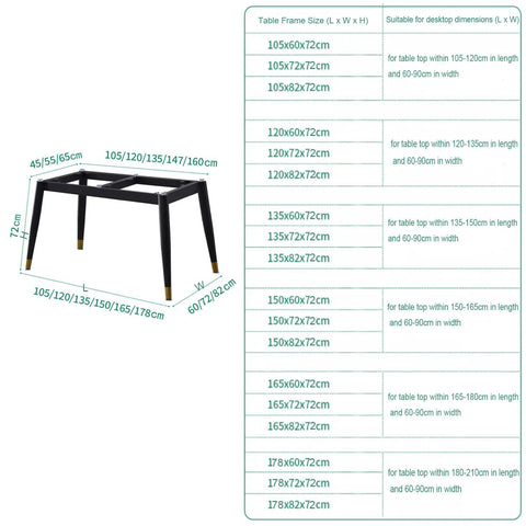 Heavy Duty Metal Desk Legs Adjustable Table Frame dimensions chart for various tabletop sizes, 72cm height, black frame.