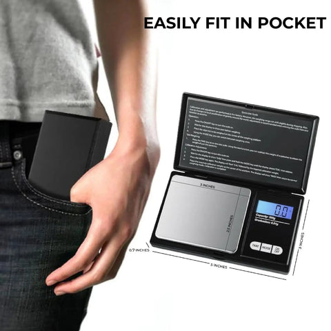 Dope Portable Digital Pocket Scale 0.01g Precision, 1000g Max, shown fitting in a pocket and open with backlit LCD display.