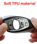 Hands holding Subaru key fob cover with keychain soft TPU case 4 button fit BRZ Legacy Outback Ascent Crosstrek Forester WRX remote red