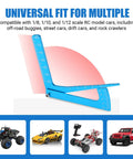 Heavy Duty Aluminum Alloy RC Camber Gauge Straight Edge Ruler Tool For Hella Precise Suspension Geometry and Swift Trackside Stance Tweaks On Buggy Trucks shown against multiple RC models.