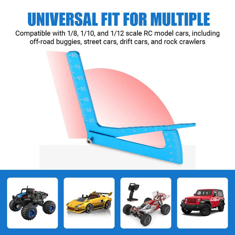 Heavy Duty Aluminum Alloy RC Camber Gauge Straight Edge Ruler Tool For Hella Precise Suspension Geometry and Swift Trackside Stance Tweaks On Buggy Trucks shown against multiple RC models.
