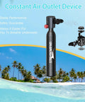 Ultra Compact 0.5L Scuba Tank Travel Ready With DOT Certification, 1 Minute Quick Assembly And Disassembly, shown with blue ocean waves.