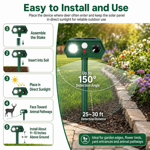 Solar Ultrasonic Deer Repellent Device 4 Pack With Motion Sensor And Flash Light No Go Zone Yard Guard For Flower Beds Vegetables And Gardens Deterrent For Deer Squirrels Raccoons And Rabbits With Multi Frequency 13 to 45KHz, installed in garden