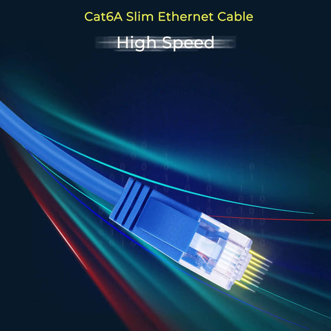 Slim Cat6a Patch Cables 1ft 10 Pack, Snagless Ethernet cable with gold-plated connectors, close-up on high-speed data transfer