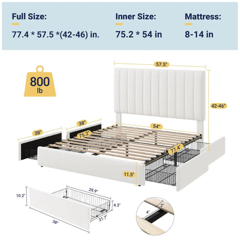 Dimensions of Hella Spacious Full Size Storage Bed Frame With Super Plush Velvet Upholstery And Adjustable Tufted Headboard Plus Four Massive Rolling Drawers For Zero Box Spring Hassle In Crisp White.
