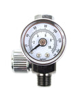 Front view of air adjusting regulator valve with analog pressure gauge for spray guns and air tools one quarter inch NPS aluminum body.