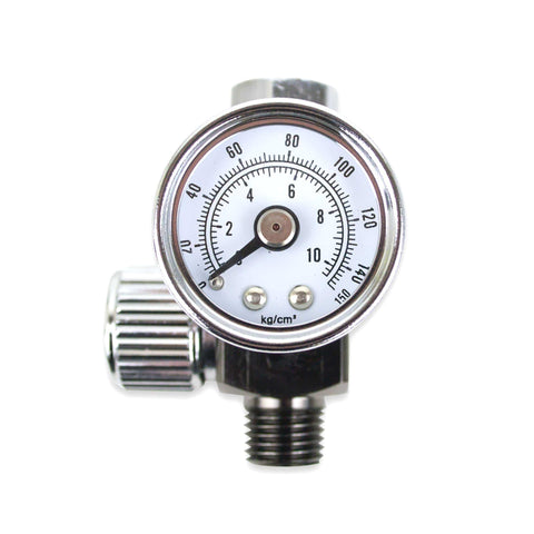 Front view of air adjusting regulator valve with analog pressure gauge for spray guns and air tools one quarter inch NPS aluminum body.