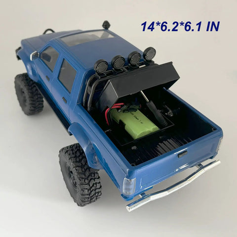 Back view of Beefed Up 1/16 Scale RC Rock Crawler with 4x4 drive, showcasing trunk detail and battery compartment, size 14*6.2*6.1 in