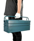 Person carrying 17 Inch Cantilever Tool Box With 5 Trays Portable Metal Organizer For Tools