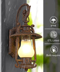Large Rustic Lantern Outdoor Wall Sconce In Vintage Rust, Weatherproof 110V Lighting Fixture With Frosted Shade On Stone Wall
