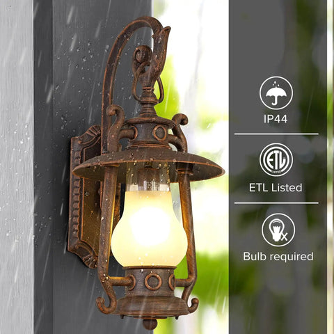 Large Rustic Lantern Outdoor Wall Sconce In Vintage Rust, Weatherproof 110V Lighting Fixture With Frosted Shade On Stone Wall