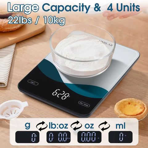 Bluetooth Kitchen Scale 10kg And 22lb Capacity With Smart Nutrition App Calorie And Macro Tracker Real Nutritional Analysis USB C Rechargeable Tempered Glass LED Display Tare Function And Easy Conversions Between Grams Pounds Ounces And Milliliters showing flour in bowl on scale