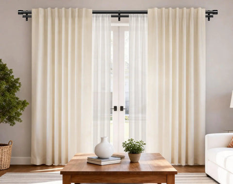 Heavy Duty Telescoping Double Curtain Rod For Windows 72 To 144 Inches, 1 Inch Diameter, Adjustable Drapery Rod Set, black finish