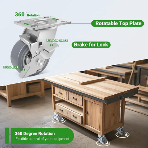 4 Inch Heavy Duty Caster Wheels Legit Industrial Powerhouse Thermoplastic Rubber TPR Swivel Plate, highlighting 360 degree rotation and brake features.